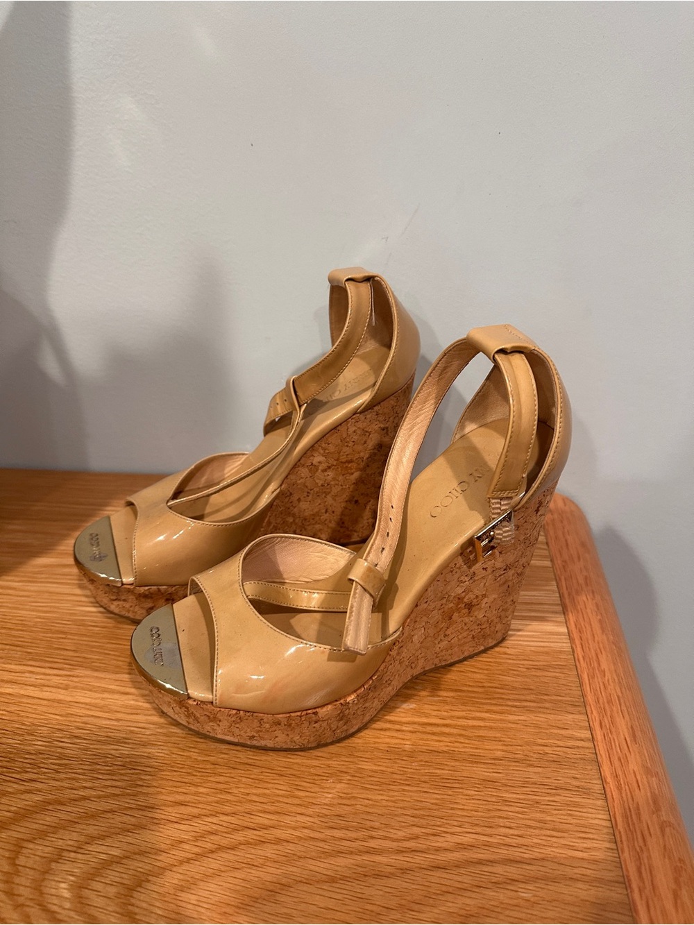 Coach Beige Patent Leather Cork Wedge Sandals